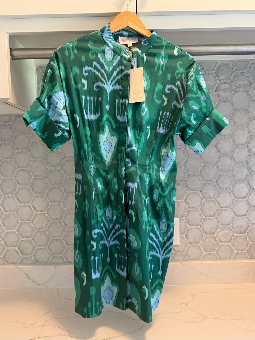 Sheridan French NWT XS Green Ikat Short Sleeve parker Dress